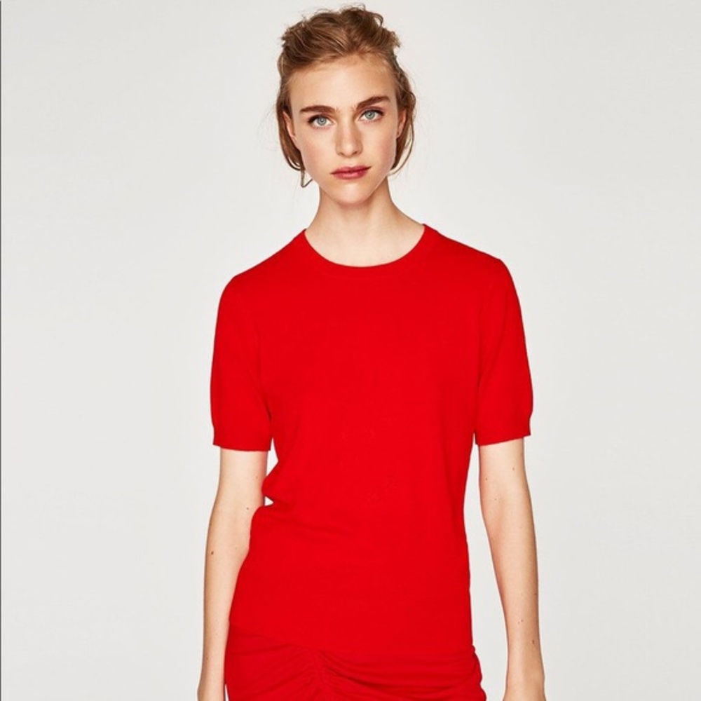 Zara red ribbed top crew neck NWT